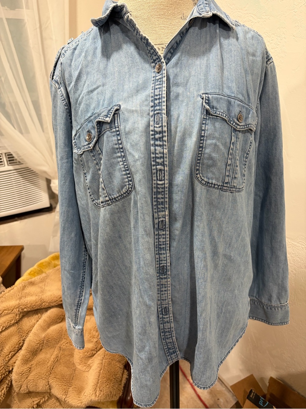 American Eagle Outfitters Embroidered Light Wash Denim Button-Up Shirt